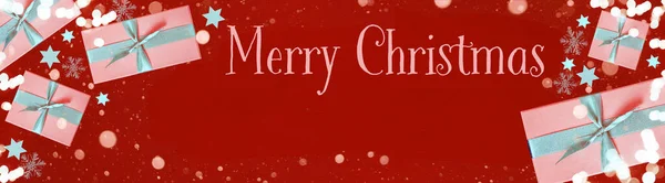 Merry Christmas Achtergrond Banner Panorama Wenskaart Bovenaanzicht Bovenaanzicht Van Geschenkdozen — Stockfoto