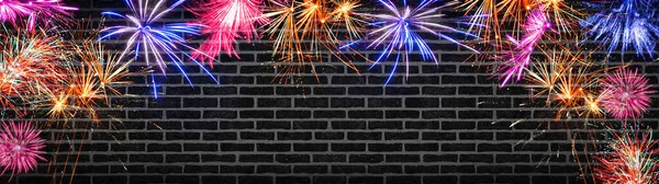 Silvester Party Happy New Year Fireworks Background Banner Panorama Long — Stock Photo, Image