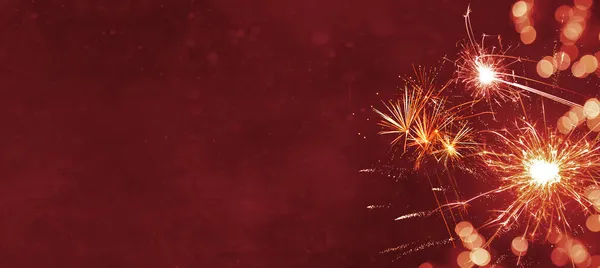Silvester Background Panorama Banner Long Firework Red Texture Bokeh Lights — Stock Photo, Image