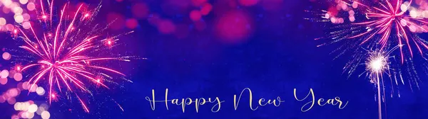 Happy New Year Background Banner Panorama Pink Firework Bokeh Lights — Stock Photo, Image