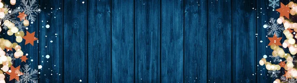 Панорама Шаблон Открытки Оранжевые Звезды Боке Огни Кристаллы Льда Снежные — стоковое фото