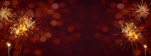 Silvester Background Panorama Banner Long Firework Red Texture Bokeh Lights — Stock Photo, Image