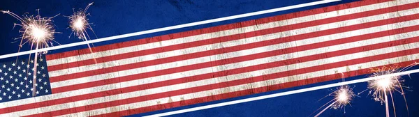 Amerikaanse Achtergrond Banner Panorama Vlag Van Verenigde Staten Sterretjes Vuurwerk — Stockfoto