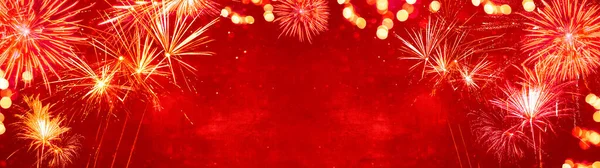 Silvester Background Panorama Banner Long Firework Red Texture Bokeh Lights — Stock Photo, Image