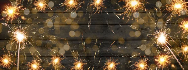 Silvester Nuovo Anno Sfondo Banner Panorama Lungo Sparklers Fuochi Artificio — Foto Stock