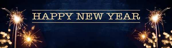 Длинная Поздравительная Открытка Баннером Happy New Year Фейерверк Сверкающие Искорки — стоковое фото