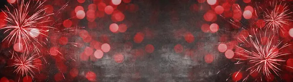 Панорама Фонового Новогоднего Фейерверка Абстрактные Красные Огни Фейерверков Черной Текстуре — стоковое фото