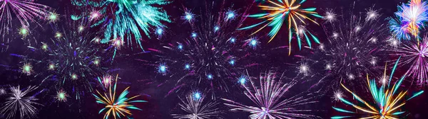 Barevný Abstraktní Ohňostroj Fireworks Party Festival Pozadí Banner Panorama Dlouhá — Stock fotografie