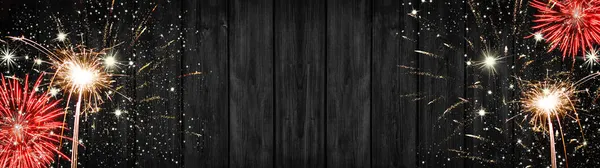 Silvester Background Panorama Long Firework Rustic Black Wooden Texture Space — Stock Photo, Image