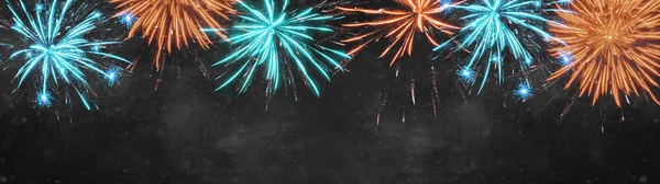 Szczęśliwego Nowego Roku Party Fajerwerki Tło Baner Panorama Długo Kolorowe — Zdjęcie stockowe