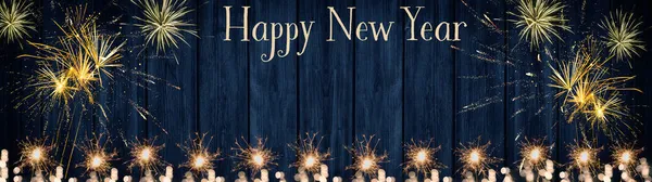 Happy New Year Achtergrond Banner Panorama Lange Wenskaart Sterretjes Vuurwerk — Stockfoto