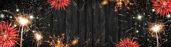 Silvester Background Panorama Long Firework Rustic Black Wooden Texture Space — Stock Photo, Image