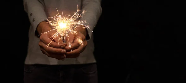 Banner Fondo Fiesta Año Nuevo Silvester Joven Mujer Bonita Feliz — Foto de Stock