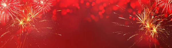 Silvester Pozadí Panorama Banner Dlouhý Ohňostroj Červené Textuře Bokeh Světla — Stock fotografie