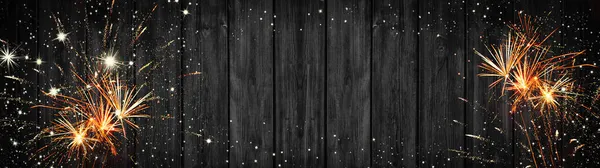 Silvester Pozadí Panorama Dlouhé Ohňostroj Rustikální Černé Dřevěné Textury Prostorem — Stock fotografie