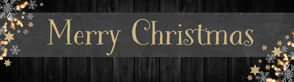 メリークリスマスの背景パノラマテンプレート グレーのバナー ボケライト 星と氷の結晶 暗い黒素朴な木製の板の壁のテクスチャに分離 — ストック写真