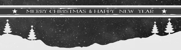 メリークリスマス ハッピーニューイヤーバックグランドバナーパノラマ グリーティングカード 黒いバナー イラストで 黒のテクスチャに隔離されたクリスマスツリーと雪の風景 — ストック写真