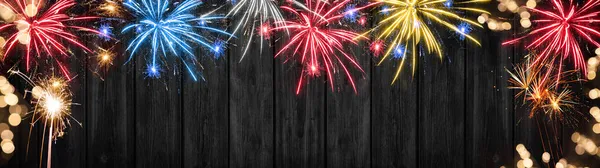 Silvester Party Gelukkig Nieuwjaar Vuurwerk Achtergrond Banner Panorama Lang Vuurwerk — Stockfoto