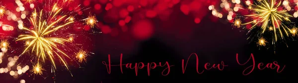 Boldog Évet Tűzijáték Háttér Banner Panoráma Üdvözlő Kártya Színes Elvont — Stock Fotó