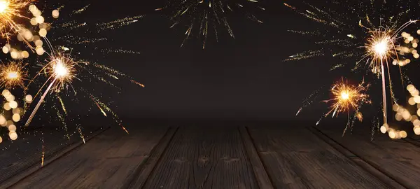 Silvester New Year Background Banner Panorama Sparklers Πυροτεχνήματα Bokeh Φώτα — Φωτογραφία Αρχείου
