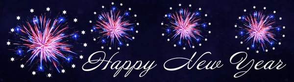 Šťastný Nový Rok Pozadí Banner Panorama Modrá Bílá Červená Ohňostroj — Stock fotografie