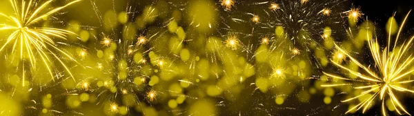Fireworks Background Banner Panorama Colorful Festive Firework Golden Yellow Bokeh — Stock Photo, Image