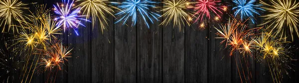 Silvester Party Gelukkig Nieuwjaar Vuurwerk Achtergrond Banner Panorama Lang Vuurwerk — Stockfoto