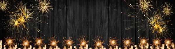 Happy Nowość Roczny Baner Tła Panorama Długa Kartka Okolicznościowa Ognie — Zdjęcie stockowe