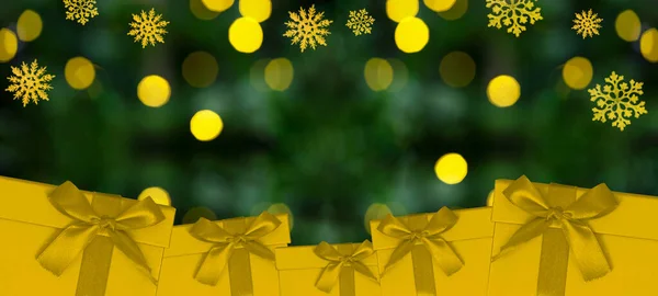 Festive Decorative Christmas Birthday Background Banner Panorama Golden Yellow Gift — Stock Photo, Image