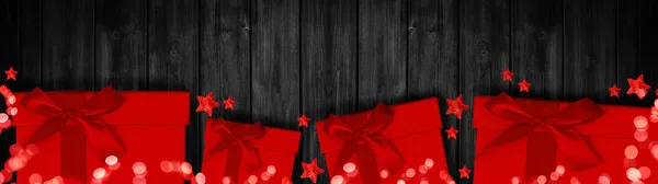 Праздничный Декоративный Рождественский Фон Баннер Панорама Красные Подарочные Коробки Лентой — стоковое фото