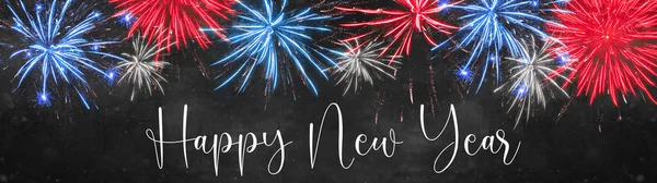 Frohes Neues Jahr Hintergrund Banner Panorama Blau Weiß Rot Feuerwerk — Stockfoto