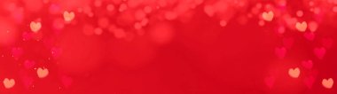 Kırmızılı kalpler soyut arkaplan, kırmızı dokuda izole edilmiş - Sevgililer Günü Panoraması - Kalp Bokeh / Aşk desenli Sevgililer Günü