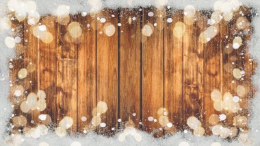 Kış / Advent / Noel Şablonu - Kar taneli kardan yapılmış çerçeve ve kahverengi ahşap desenli bokeh ışıkları, metin alanı için üst görünüm