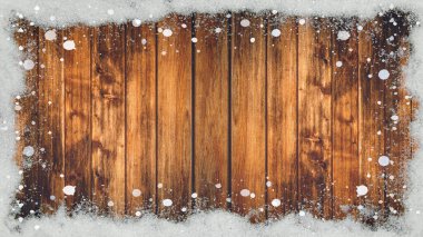 Kış / Advent / Advents Arkaplan şablonu - Kahverengi ahşap dokuda kar taneleri olan kardan yapılmış çerçeve, metin için yeri olan üst görünüm