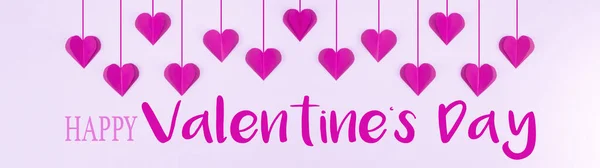 Šťastný Valentýn Pozadí Banner Panorama Blahopřání Šablona Růžové Visící Srdce — Stock fotografie