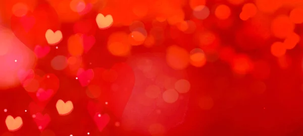 バレンタインデーの愛結婚式の背景バナーパノラマ テキストのためのスペースと 赤いテクスチャ上の抽象的な赤いハートとボケライト — ストック写真