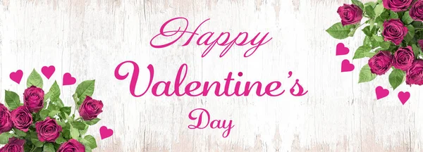 Szczęśliwych Walentynek Tło Baner Panorama Bukiet Róż Serc Odizolowanych Rustykalnym — Zdjęcie stockowe