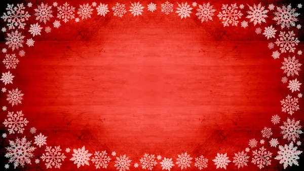 Christmas Snow Winter Background Frame Made Ice Crystals Red Wooden — Stock Photo, Image