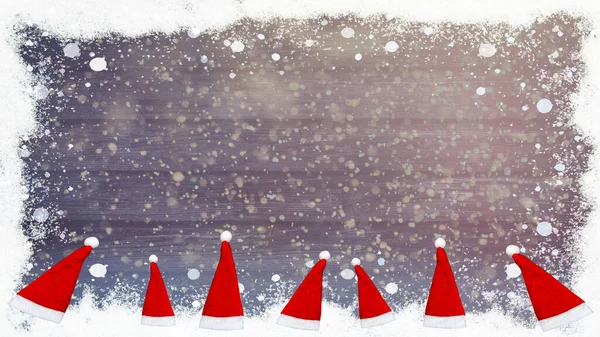 Fondo Invierno Marco Hecho Nieve Copos Nieve Con Sombreros Rojos —  Fotos de Stock
