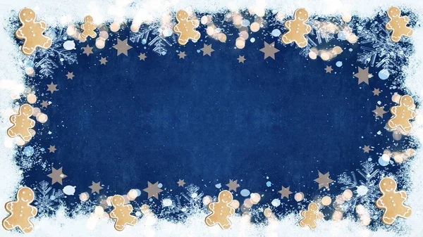 冬季喜庆背景模板 爆竹灯 姜饼人和深蓝色质感的冰晶 — 图库照片