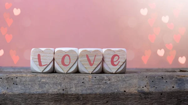 Открытки Свадебным Баннером День Святого Валентина Деревянные Кубики Символом Сердца — стоковое фото