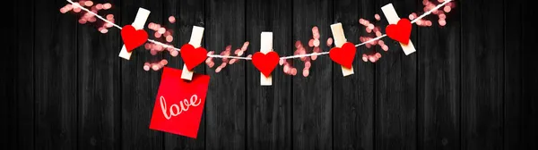 Happy Valentine Day Achtergrond Banner Panorama Rode Papieren Notitie Hangen — Stockfoto