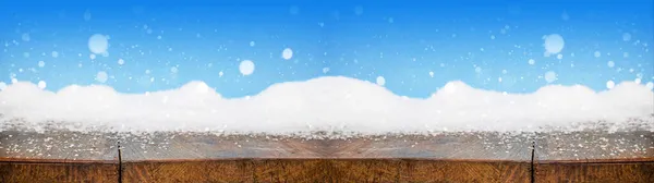 Natale Inverno Neve Sfondo Banner Nevoso Tavolo Rustico Legno Sfondo — Foto Stock