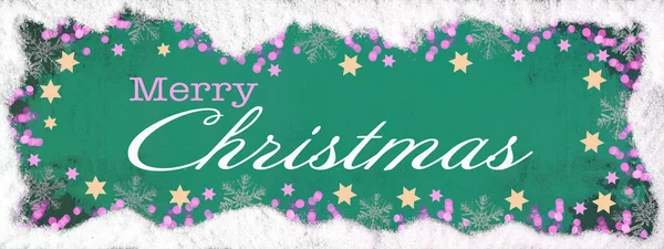 メリークリスマス 到来お祝いの背景バナーパノラマテンプレート 雪で作られたフレーム雪の結晶ボケライト 星や氷の結晶緑のテクスチャ トップビュー — ストック写真