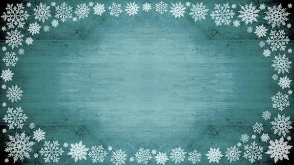 Christmas Snow Winter Background Frame Made Ice Crystals Turquoise Wooden — Stock Photo, Image