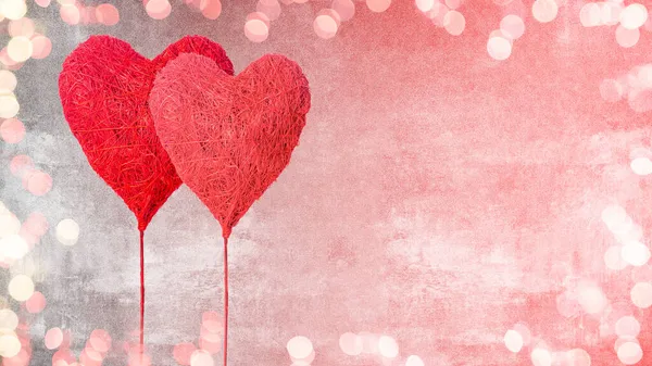 Valentines Den Pozadí Panorama Banner Dlouhý Dvě Červená Srdce Bokeh — Stock fotografie