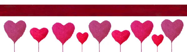情人节快乐背景全景长模板 红色粉色心脏气球 白色纹理隔离 — 图库照片