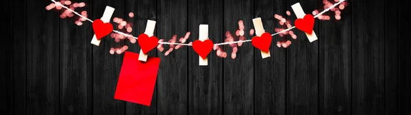 Buon San Valentino Sfondo Banner Panorama Nota Carta Rossa Appendere — Foto Stock