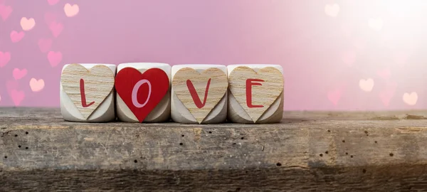 Открытки Свадебным Баннером День Святого Валентина Деревянные Кубики Символом Сердца — стоковое фото
