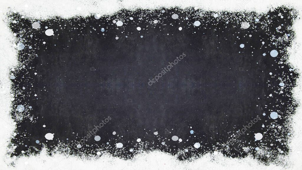 winter / Advent / christmas Background template - Frame made of snow with snowflakes on black gray wooden texture, top view with space for text